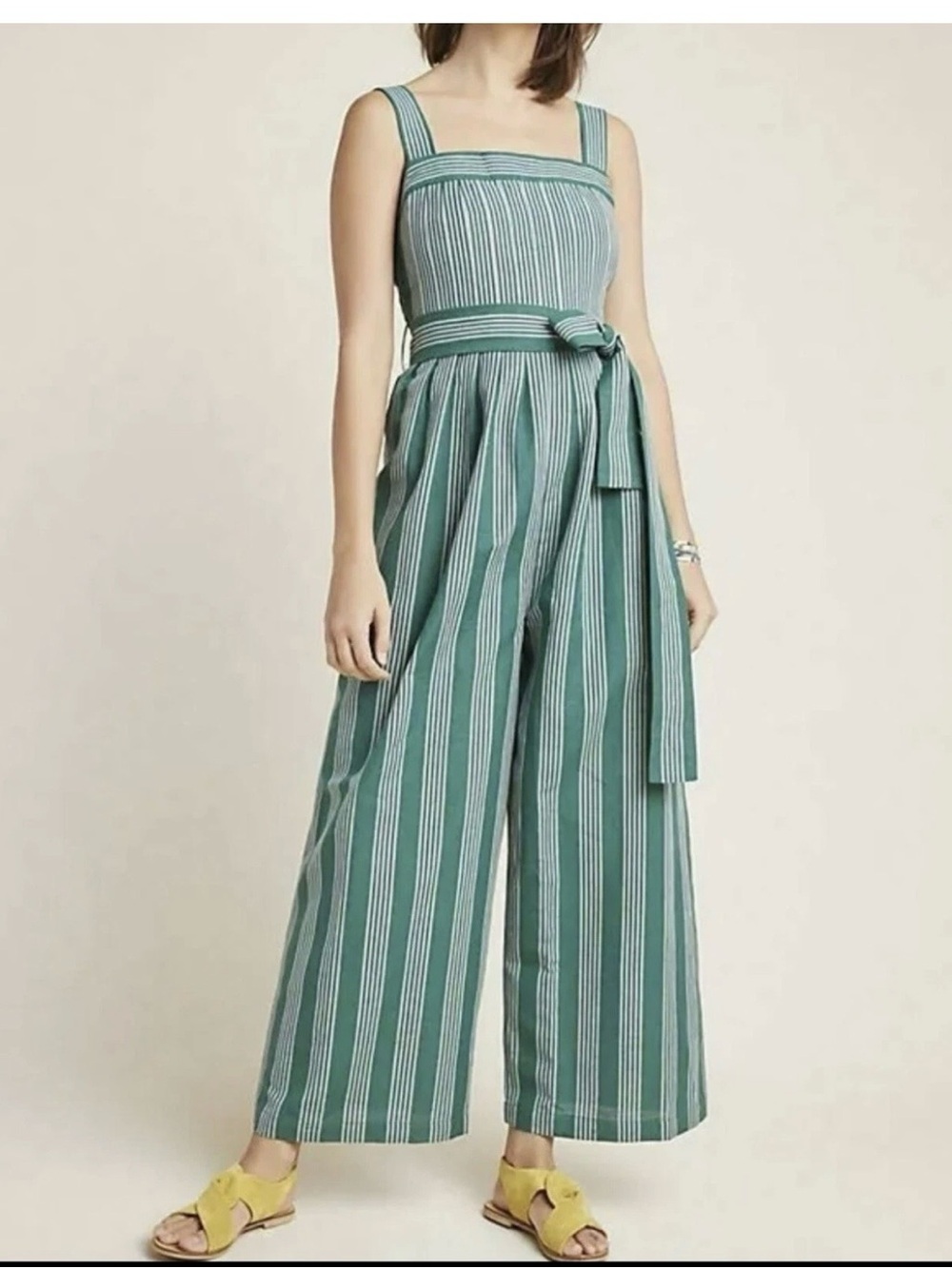 Payal Pratap Anthropologie Pleated Green Stripe Linen Wide Leg Jumpsuit Size 8